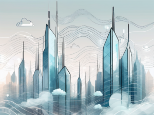 A futuristic cityscape with 5g towers emitting signals that are converging with cloud symbols