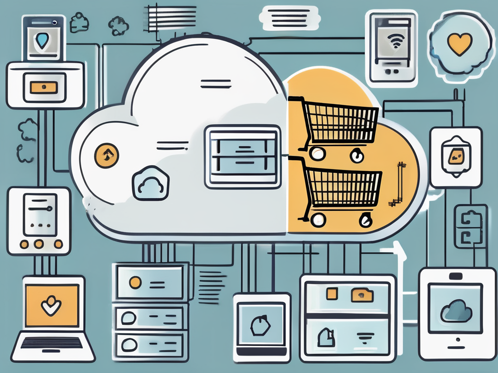 A web hosting server with different symbols like a shopping cart