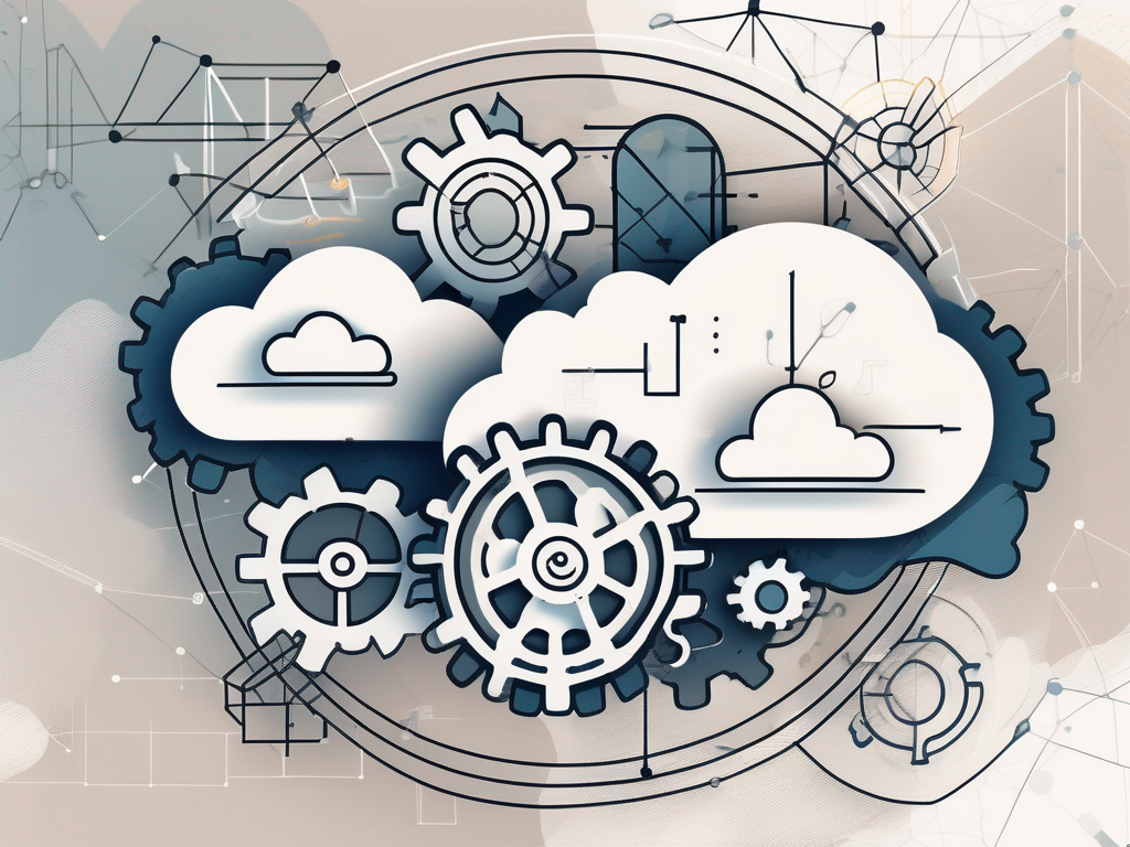 A cloud symbol interlaced with abstract representations of business tools