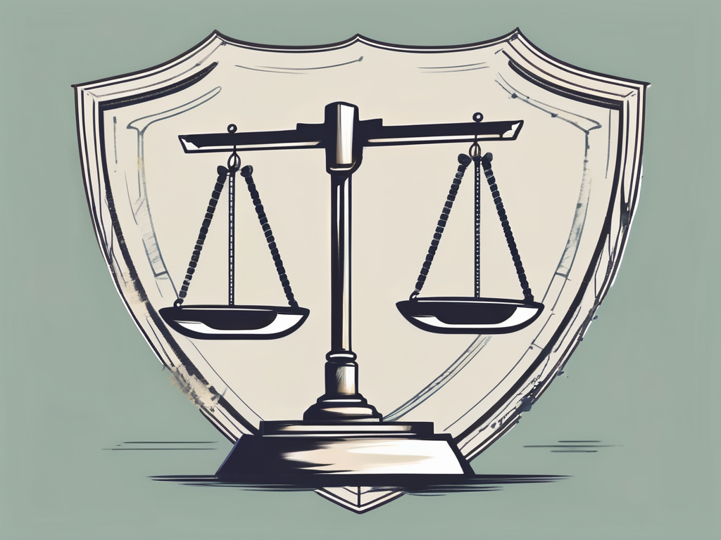 A symbolic balance scale where one side holds a briefcase (representing business) and the other side holds a gavel (representing law)